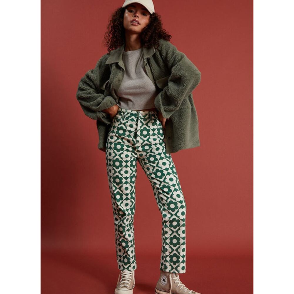 NWOT PacSun Green & White Daisy High Waisted Straight Leg Jeans Size 28